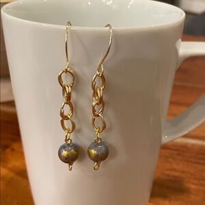 Gold and Blue Beaded Chain Earrings
